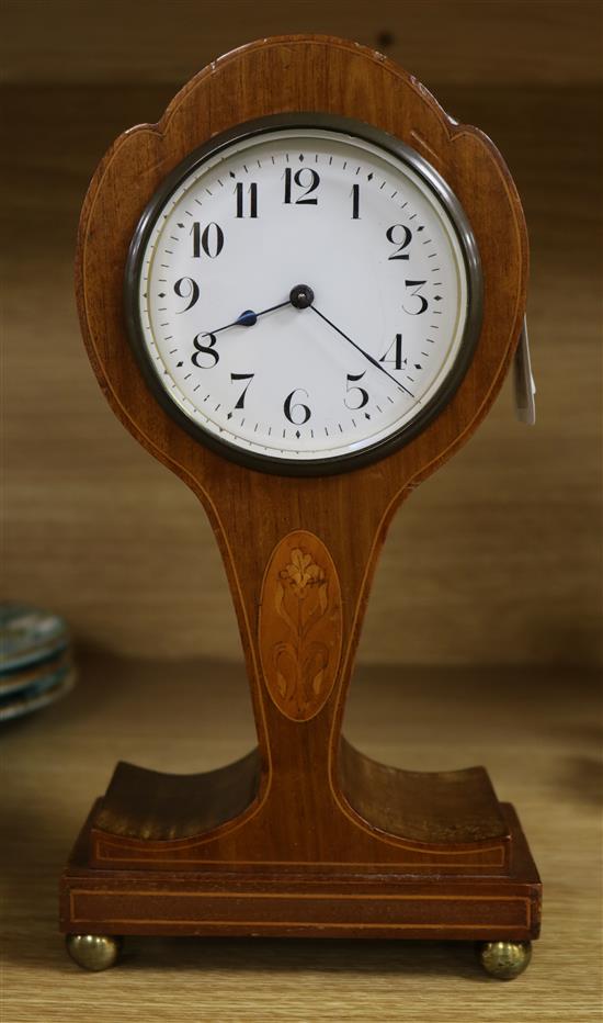 An Edwardian marquetry-inlaid balloon-shaped mantel timepiece, movement by R & Co, Paris, 27cm